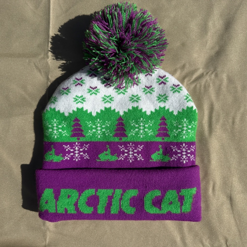 Vtg Arctic Cat Pom Beanie Snowmobile Sled Company Logo Knit Hat‎ Winter Cap
